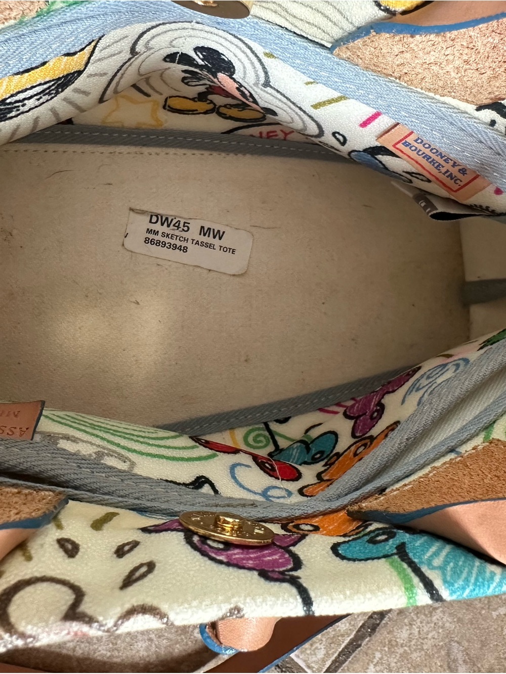 Dooney & Bourke Cream Disney Minnie & Mickey Canvas Tote with Tan Leather Trim - Picture 3 of 3